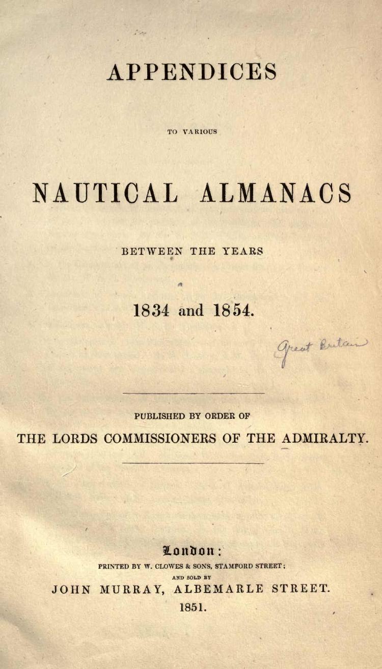 Appendices to various nautical almanacs between the years 1834 and 1854